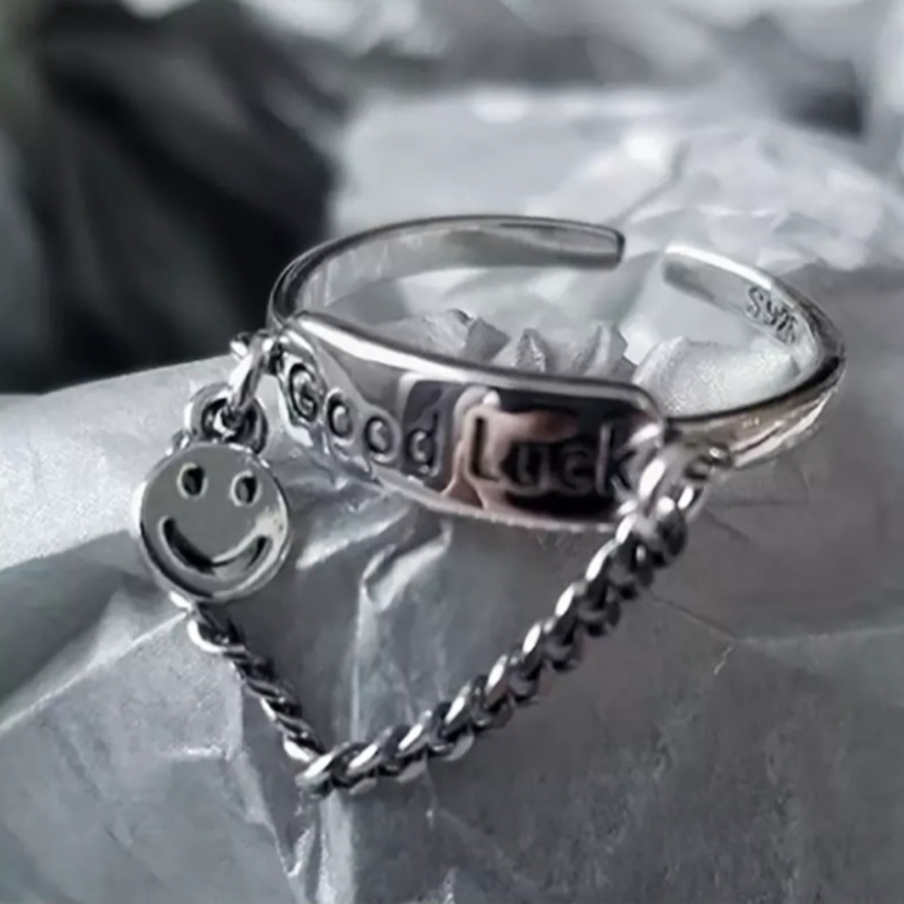 Silver Good Luck Smiley Face Charm Chain Dangle Adjustable Ring - Picture 3 of 16